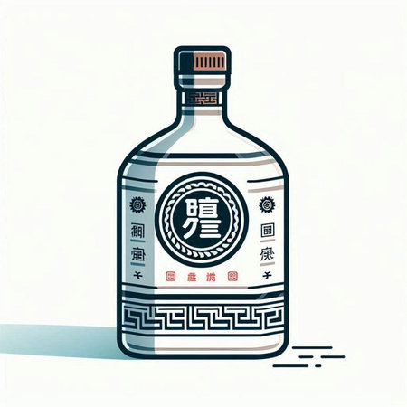 Oriental tequila bottle with hieroglyphs. Vector illustrationのイラスト素材