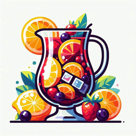 Vector illustration of a glass jug of sangria with fruits, berries and ice cubes.のイラスト素材