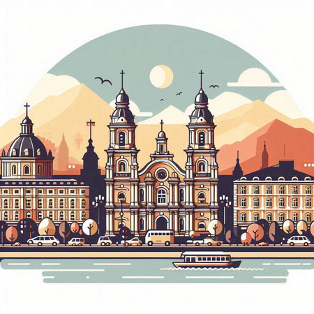 Krakow skyline, Poland. Vector illustration in retro style.のイラスト素材