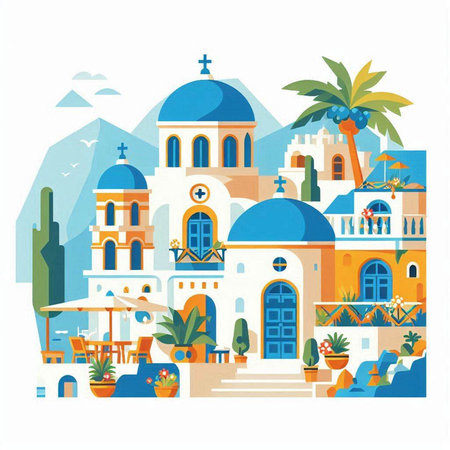 Santorini. Greece. Colorful vector illustration in flat styleのイラスト素材