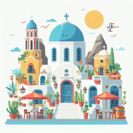 Santorini island, Greece. Vector illustration in flat styleのイラスト素材