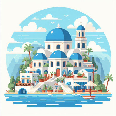 Greek Orthodox Church with Blue domes on the island. Vector illustrationのイラスト素材