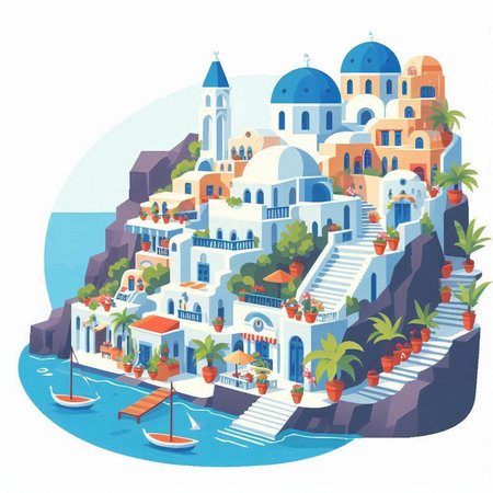 Santorini island. Greece. Colorful vector illustration.のイラスト素材