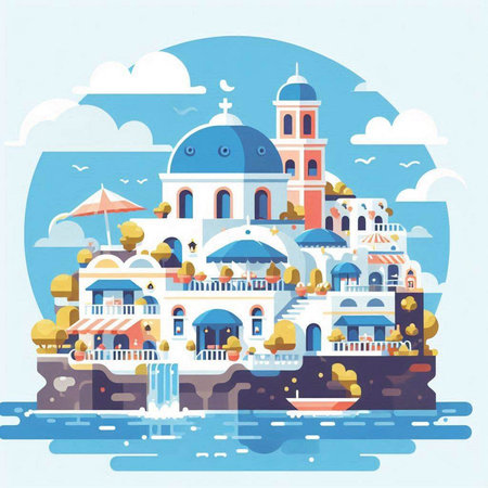 Santorini, Greece. Colorful vector illustration in flat styleのイラスト素材