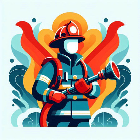Firefighter with a fire hose in his hand. Vector illustration.のイラスト素材