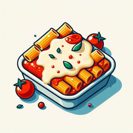 Illustration of lasagna with tomato sauce on a white background.のイラスト素材