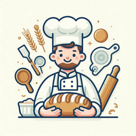 Cartoon chef with bread and utensils. Vector illustration.のイラスト素材