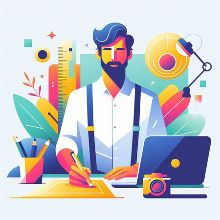Freelance man working at home. Freelance concept. Vector illustrationのイラスト素材