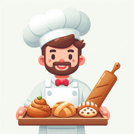 Chef holding bread and rolls. Vector illustration in cartoon style.のイラスト素材