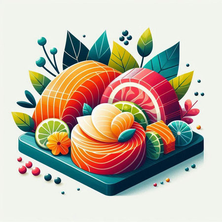 Vector illustration of sushi with colorful leaves and berries on white background.のイラスト素材
