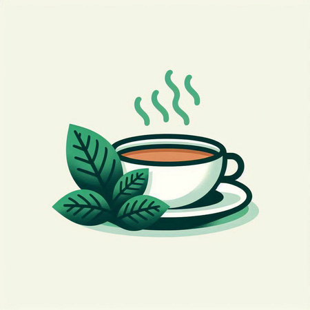 Cup of tea with green leaves. Vector illustration in flat styleのイラスト素材
