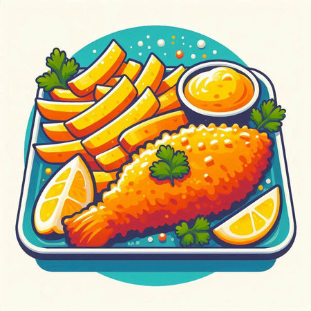 Fried fish with lemon and parsley on a plate. Vector illustrationのイラスト素材