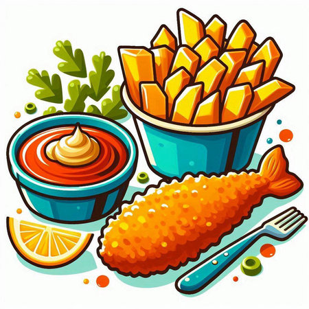 Fried fish with french fries and ketchup. Vector illustration.のイラスト素材
