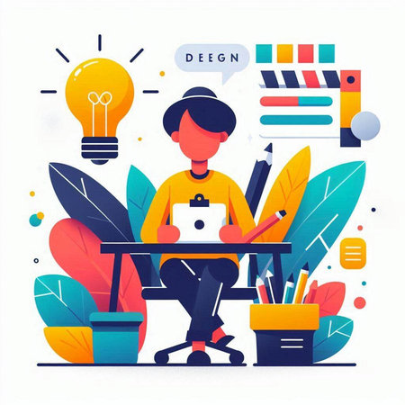 Vector illustration of young man working on laptop at desk in office. Flat style design.のイラスト素材