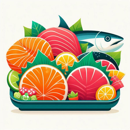 Vector illustration of fresh fish with vegetables and fruits in plastic container.のイラスト素材