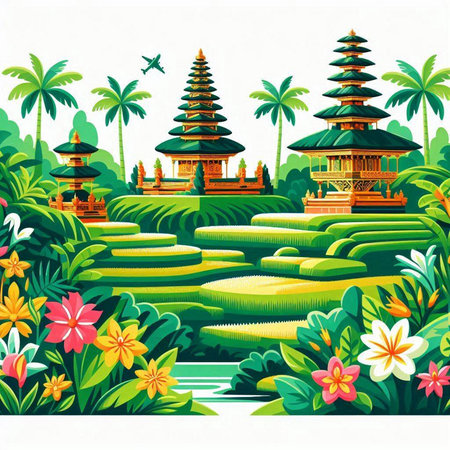 Beautiful landscape with pagoda, palm trees and flowers. Vector illustration.のイラスト素材
