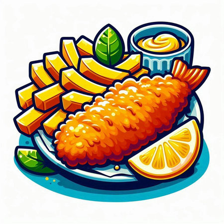 Fried fish on plate with lemon and sauce. Vector illustration.のイラスト素材