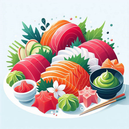 Vector illustration of Japanese food. Sashimi, sashimi and sushi rolls.のイラスト素材