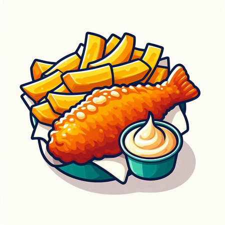 Fried fish with french fries and mayonnaise, vector illustrationのイラスト素材
