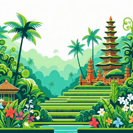 Palm trees and pagoda in the jungle, vector illustration.のイラスト素材