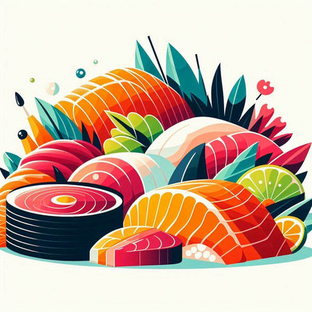 Illustration of Japanese food with fish and vegetables. Vector illustration.のイラスト素材