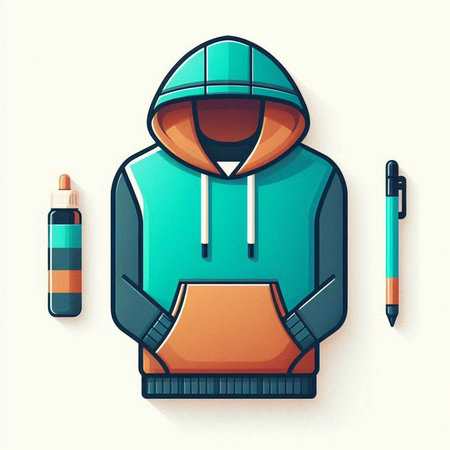 Hooded man in a hoodie with a pen and a flask. Vector illustration.のイラスト素材