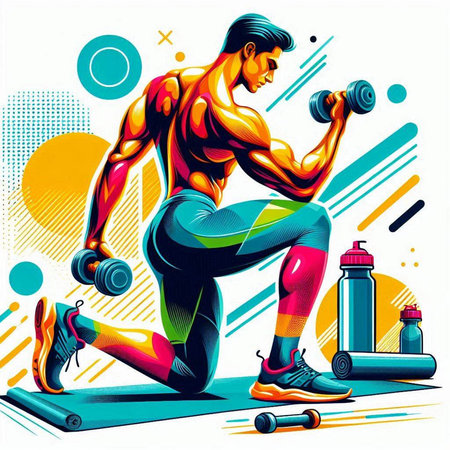 Vector illustration of a sportsman doing exercises with dumbbells.のイラスト素材