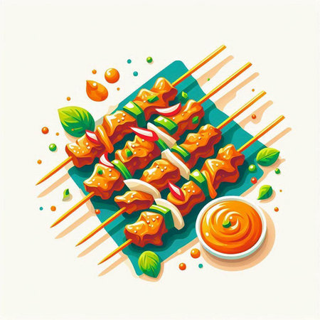 Shish kebab on skewers with tomato sauce. Vector illustrationのイラスト素材