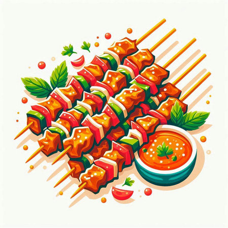 Shish kebab on skewers with tomato sauce. Vector illustrationのイラスト素材