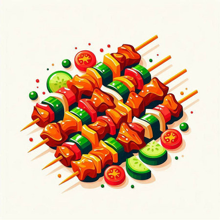 Shish kebab on skewers with vegetables. Vector illustration.のイラスト素材