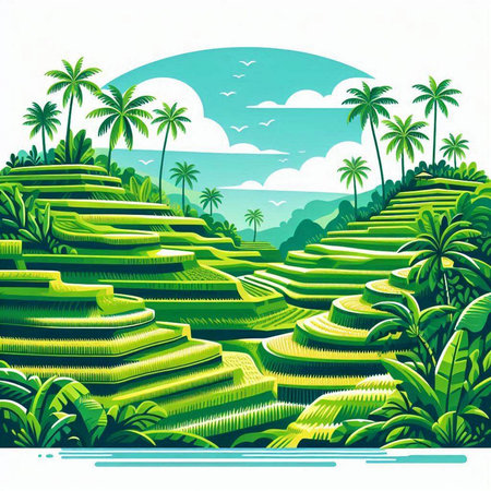 Terraced rice fields in Bali, Indonesia. Vector illustration.のイラスト素材