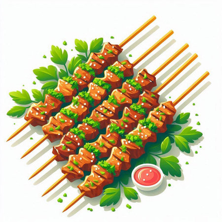 Illustration of kebab on skewers with parsley and ketchupのイラスト素材