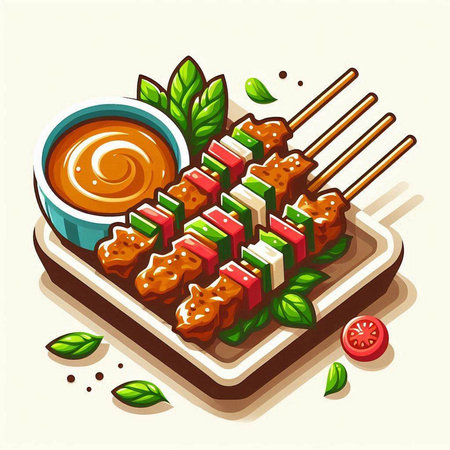 Grilled pork skewers with sauce on plate. Vector illustration.のイラスト素材