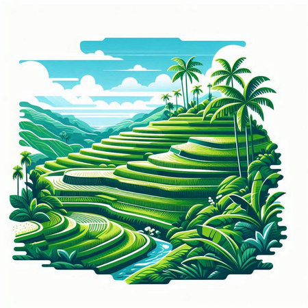 Green rice terraces with palm trees and paddy fields. Vector illustration.のイラスト素材
