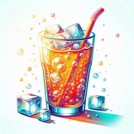 Cocktail with ice cubes and straw in glass. Vector illustration.のイラスト素材