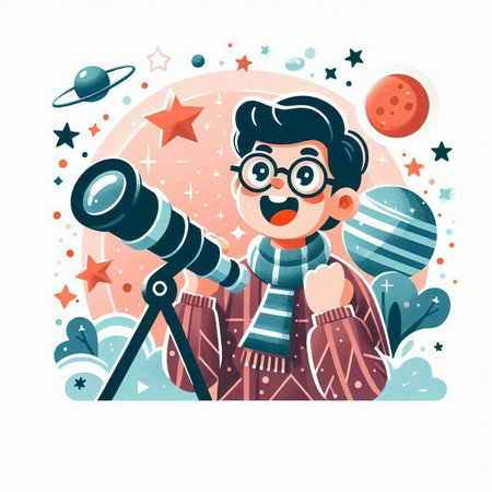 Cute boy with telescope and stars. Vector illustration in cartoon style.のイラスト素材