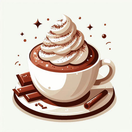 Illustration of a cup of hot chocolate with whipped cream and chocolateのイラスト素材
