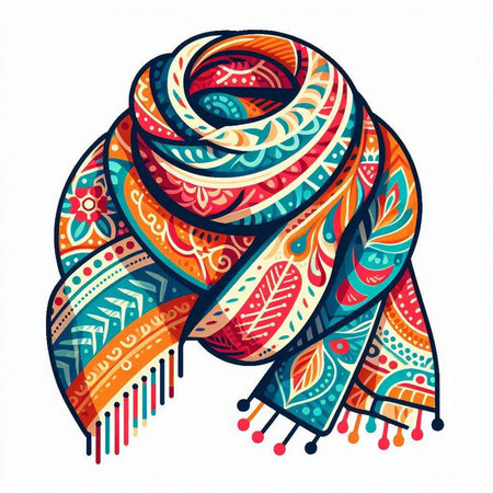 Vector illustration of a scarf in ethnic style. Colorful hand drawn scarf.のイラスト素材