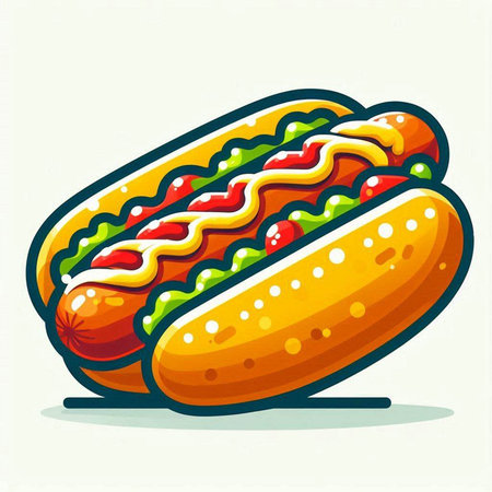 Hot dog with mustard and ketchup. Fast food vector illustration.のイラスト素材