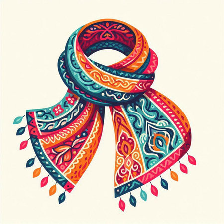 Vector hand drawn illustration of a scarf. Colorful ornamental scarf.のイラスト素材