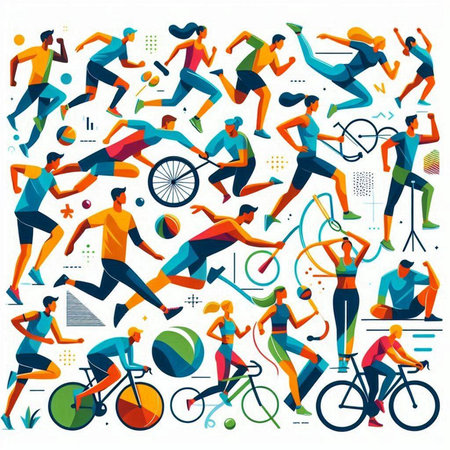 Set of people in sportswear running, cycling, running, jogging, cycling, running, jumping, running. Flat style vector illustration.のイラスト素材