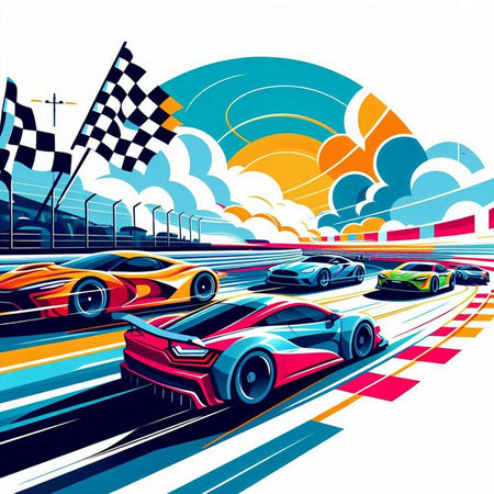 Race cars on the road with clouds and sun. Vector illustration.のイラスト素材