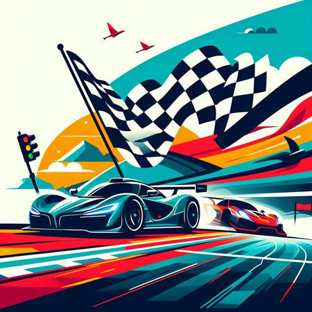 illustration of racing car with checkered flag on the backgroundのイラスト素材