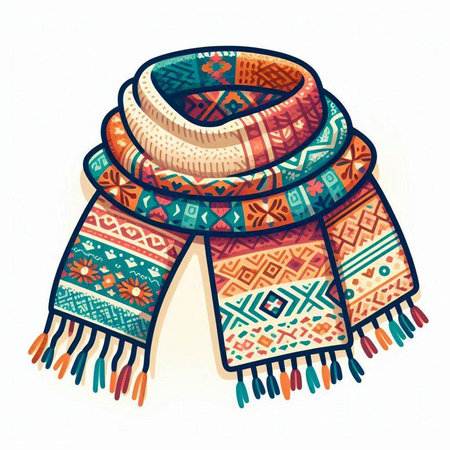 Vector illustration of a scarf. Hand drawn scarf with ethnic ornaments.のイラスト素材
