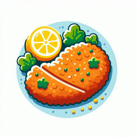 Fried fish with lemon on a blue plate. Vector illustration.のイラスト素材