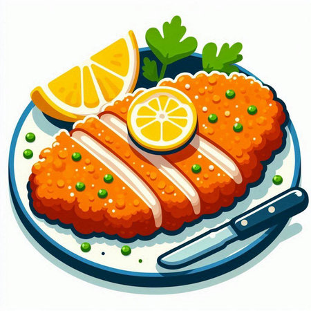 Illustration of a cutlet on a plate with lemon and parsleyのイラスト素材