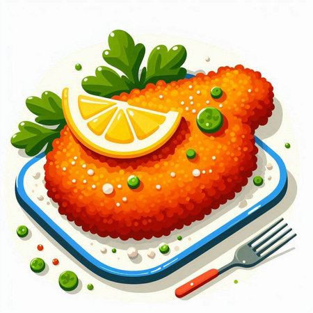 Fried fish fillet with lemon and green peas. Vector illustration.のイラスト素材