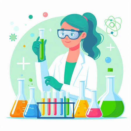 Female scientist in protective glasses holding test tube with chemical liquid. Vector illustrationのイラスト素材