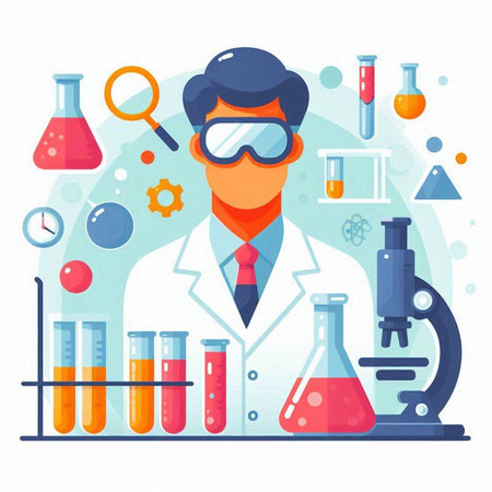 Scientist working in laboratory. Vector illustration in flat cartoon style.のイラスト素材