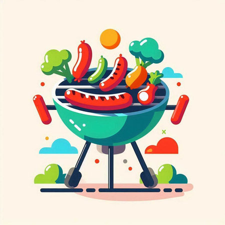 Vector illustration of barbecue grill with vegetables and meat. Flat style.のイラスト素材